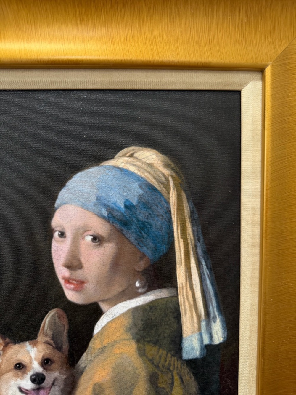 Framed 'Girl with a Pearl Earring' Style Oil Painting with Corgi - Gold Frame - Picture 4 of 16